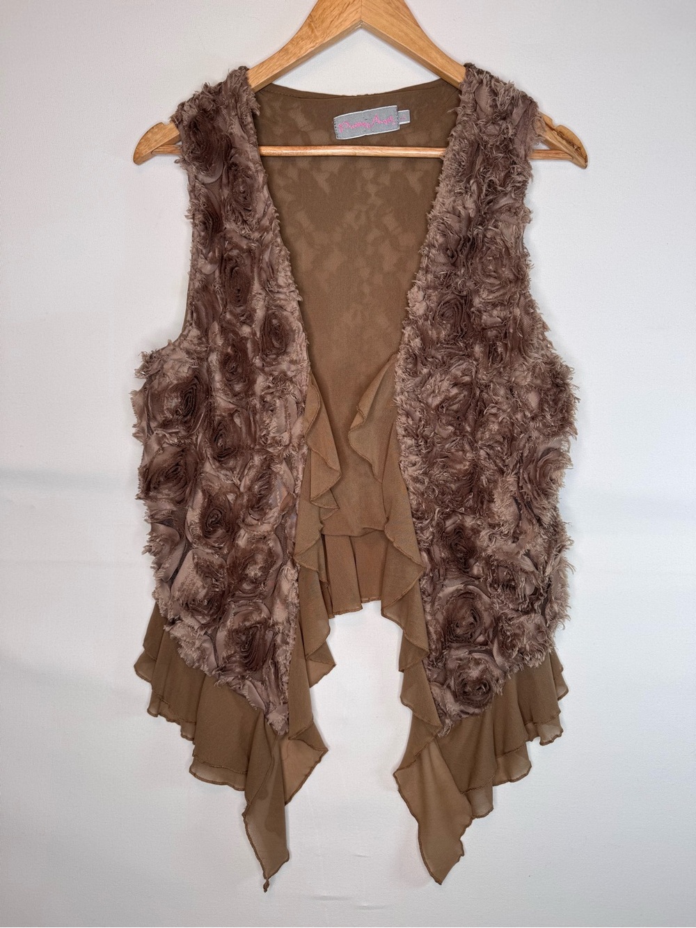 Pretty Angel Silk Blend Floral Vest Mocha sz Lg Romantic Whimsical Ruffle READ